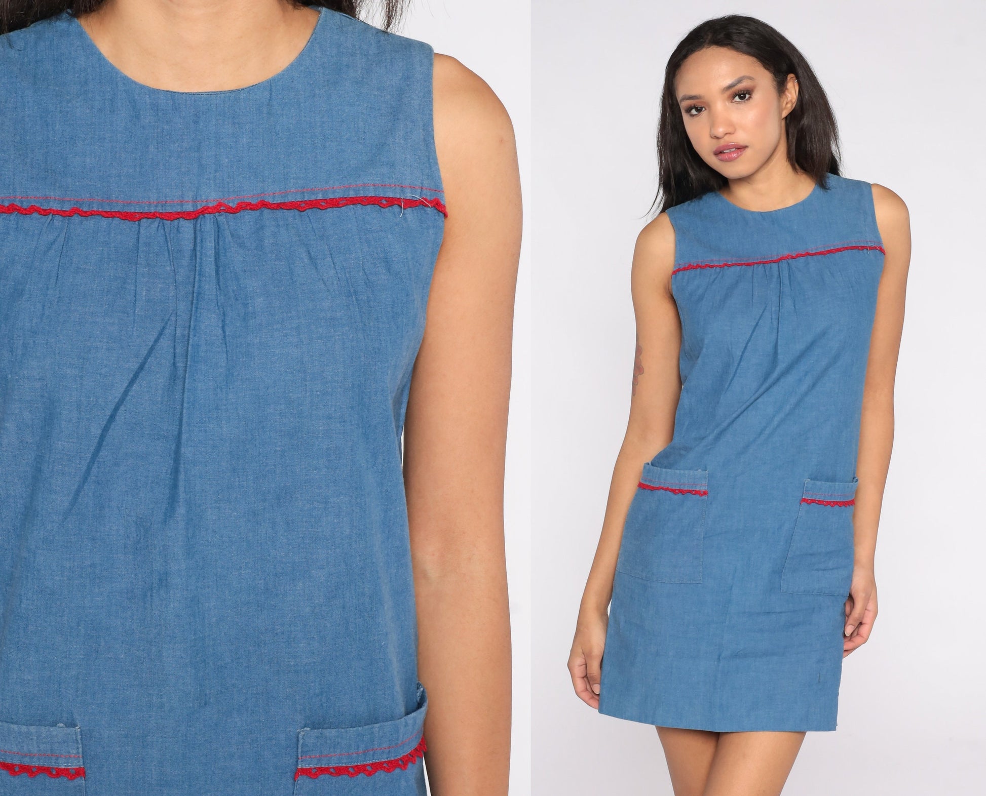 60s Blue Mod Shift Mini Dress Sleeveless Rear Zip Extra Small
