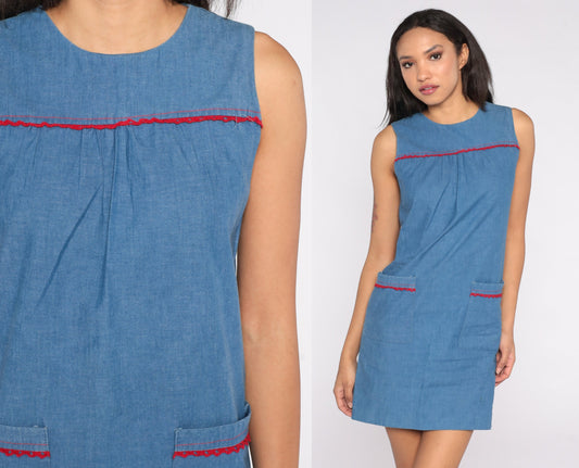 60s Blue Mod Shift Mini Dress Sleeveless Rear Zip Extra Small