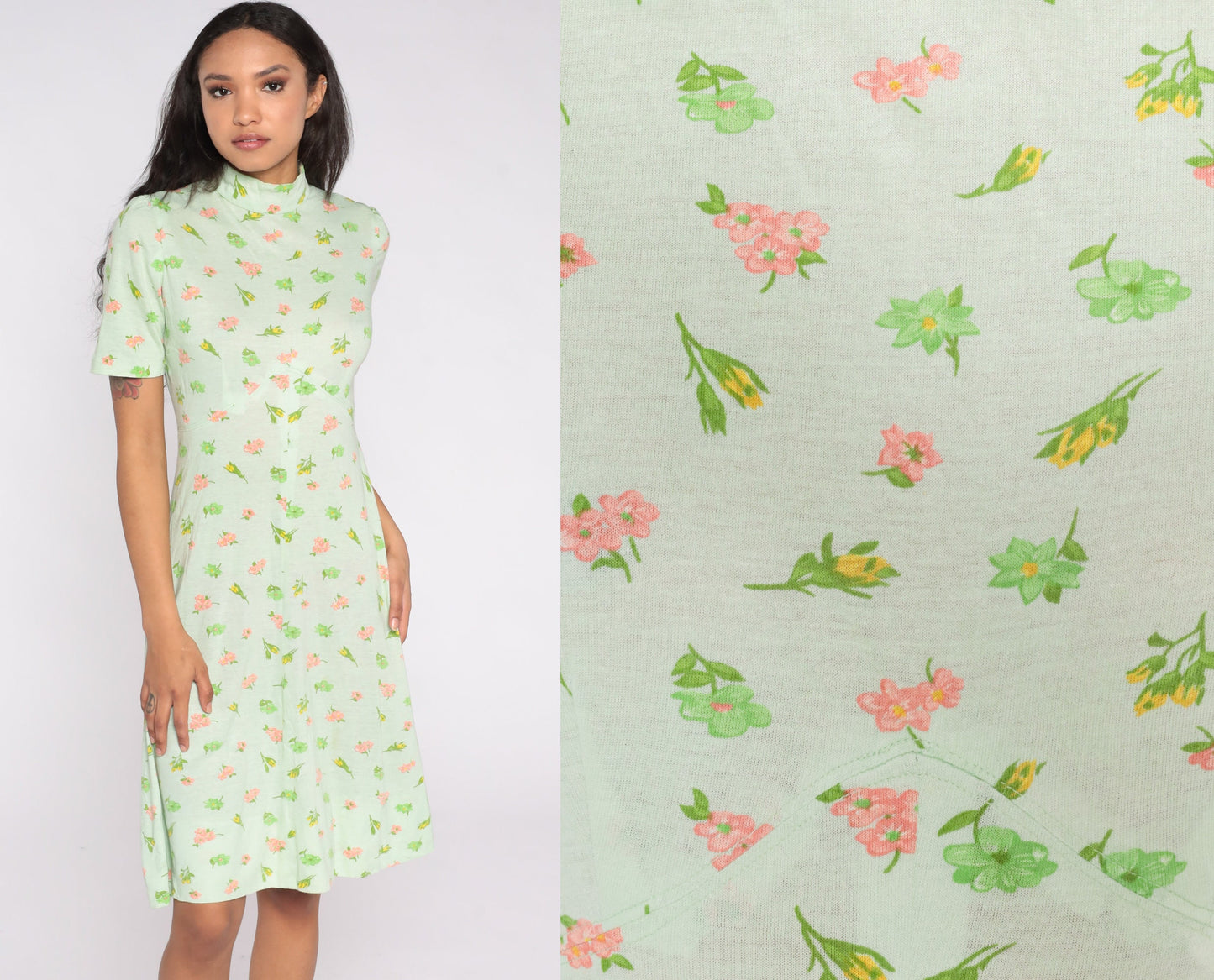 60s Green Floral Empire Waist Midi Dress Short Sleeve Small Medium