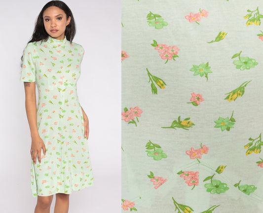 60s Green Floral Empire Waist Midi Dress Short Sleeve Small Medium