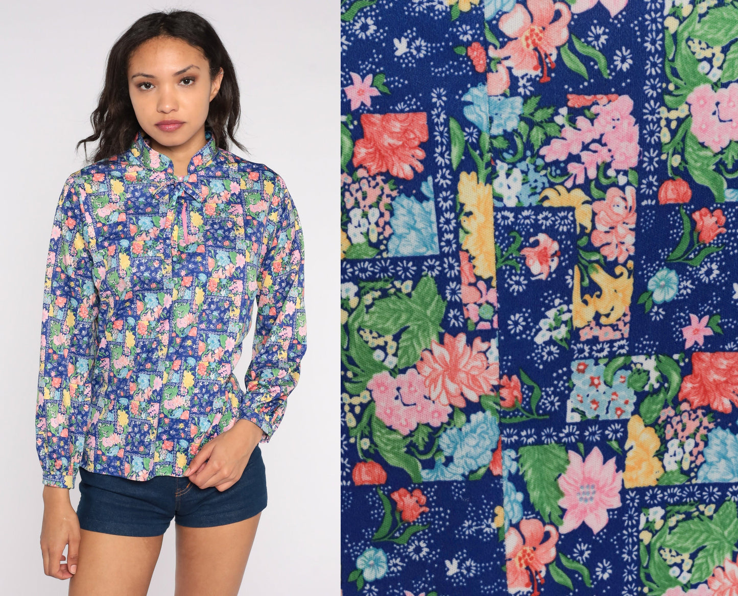 70s Blue Floral Mandarin Collar Shirt Bow Neck Long Sleeve Large