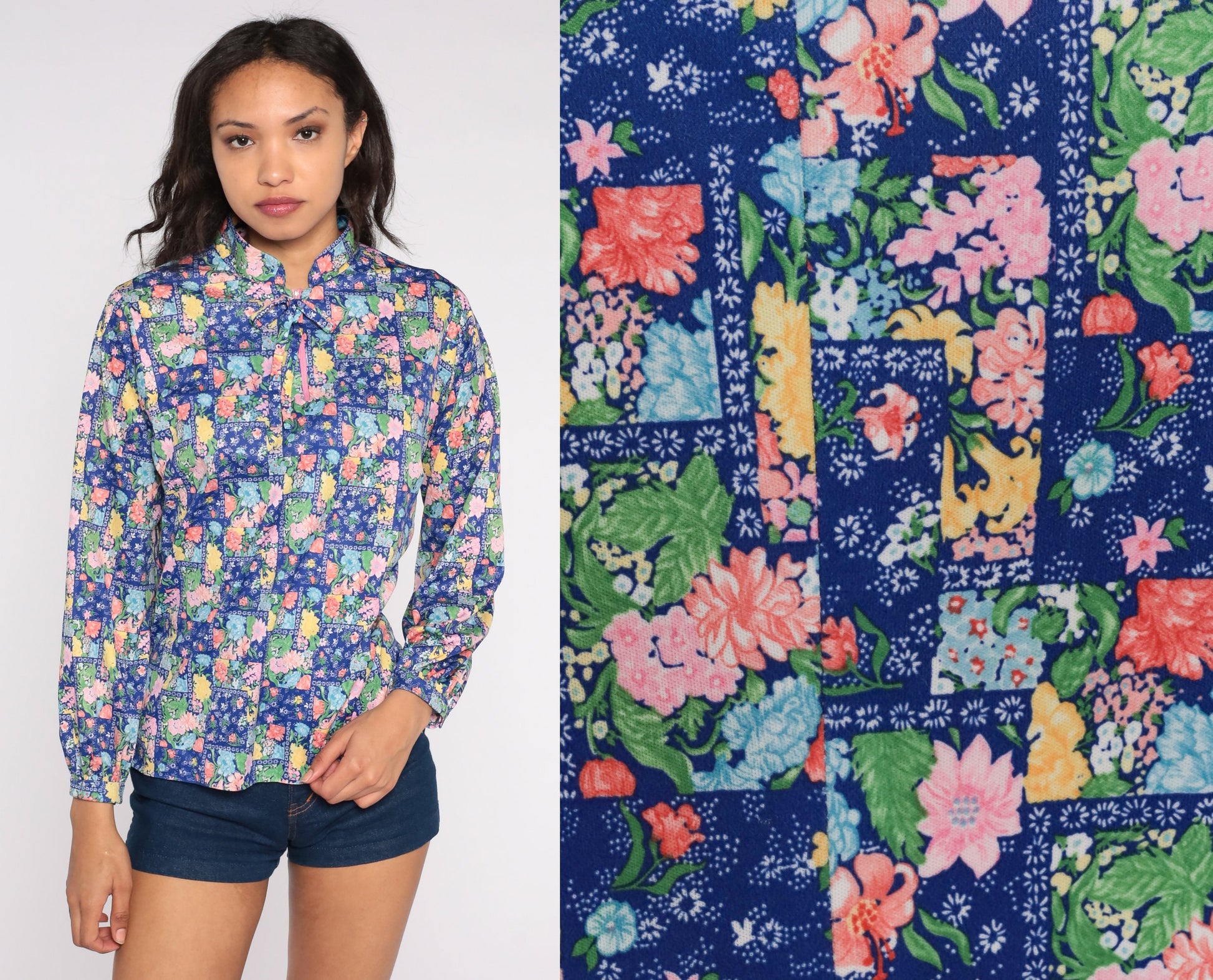 70s Blue Floral Mandarin Collar Shirt Bow Neck Long Sleeve Large