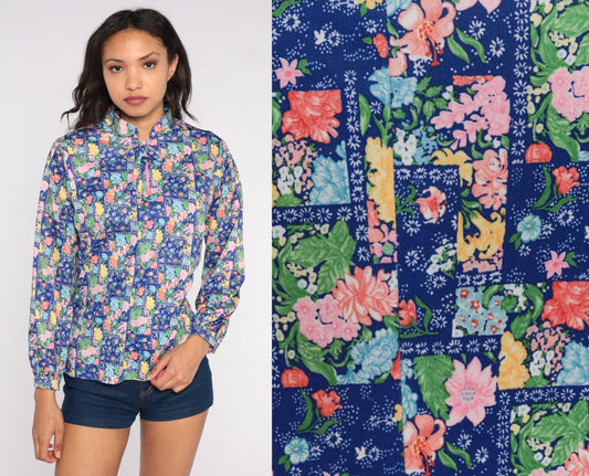 70s Blue Floral Mandarin Collar Shirt Bow Neck Long Sleeve Large