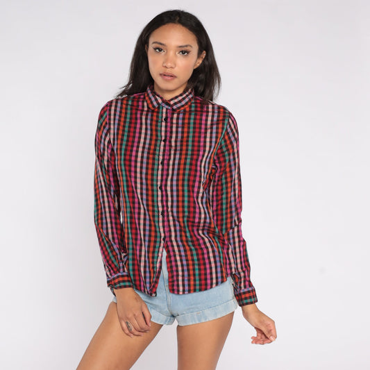 80s Rainbow Checkered Silk Button-Up Blouse Long Sleeve Collared Medium