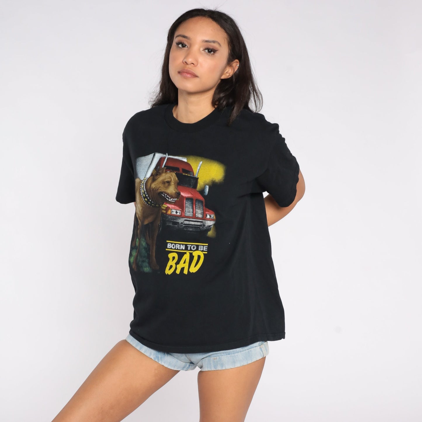 90s Guard Dog Born To Be Bad Graphic T-Shirt Black Trucker Medium