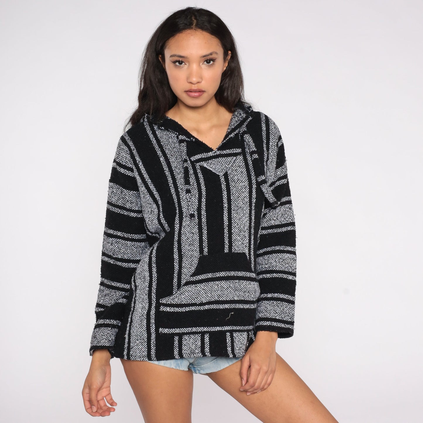 90s Mexican Baja Hoodie Black Grey Striped Kangaroo Pocket Large