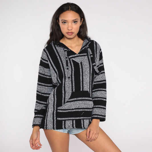 90s Mexican Baja Hoodie Black Grey Striped Kangaroo Pocket Large