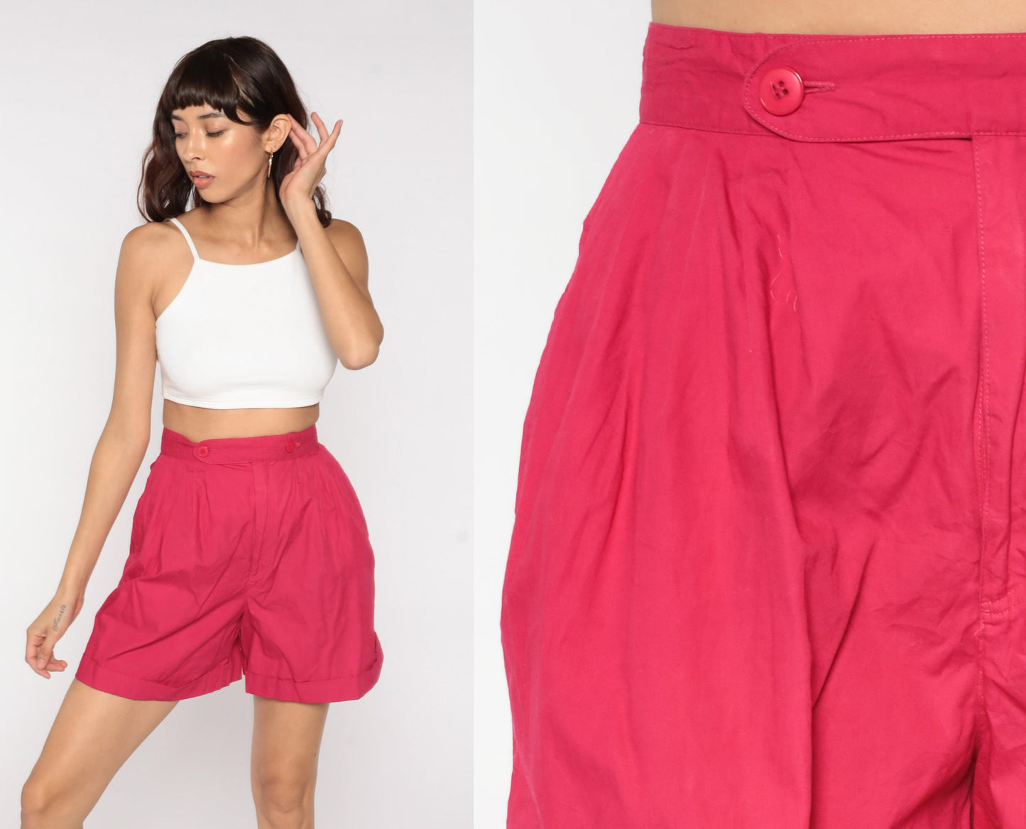 80s Deep Pink High-Waisted Pleated Cotton Shorts Small