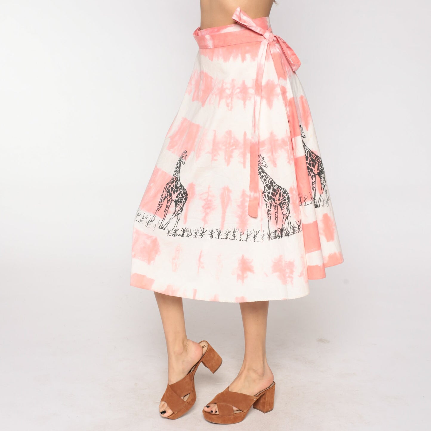 70s Tie Dye Giraffe Print Wrap Skirt Midi Pink High Waisted Small