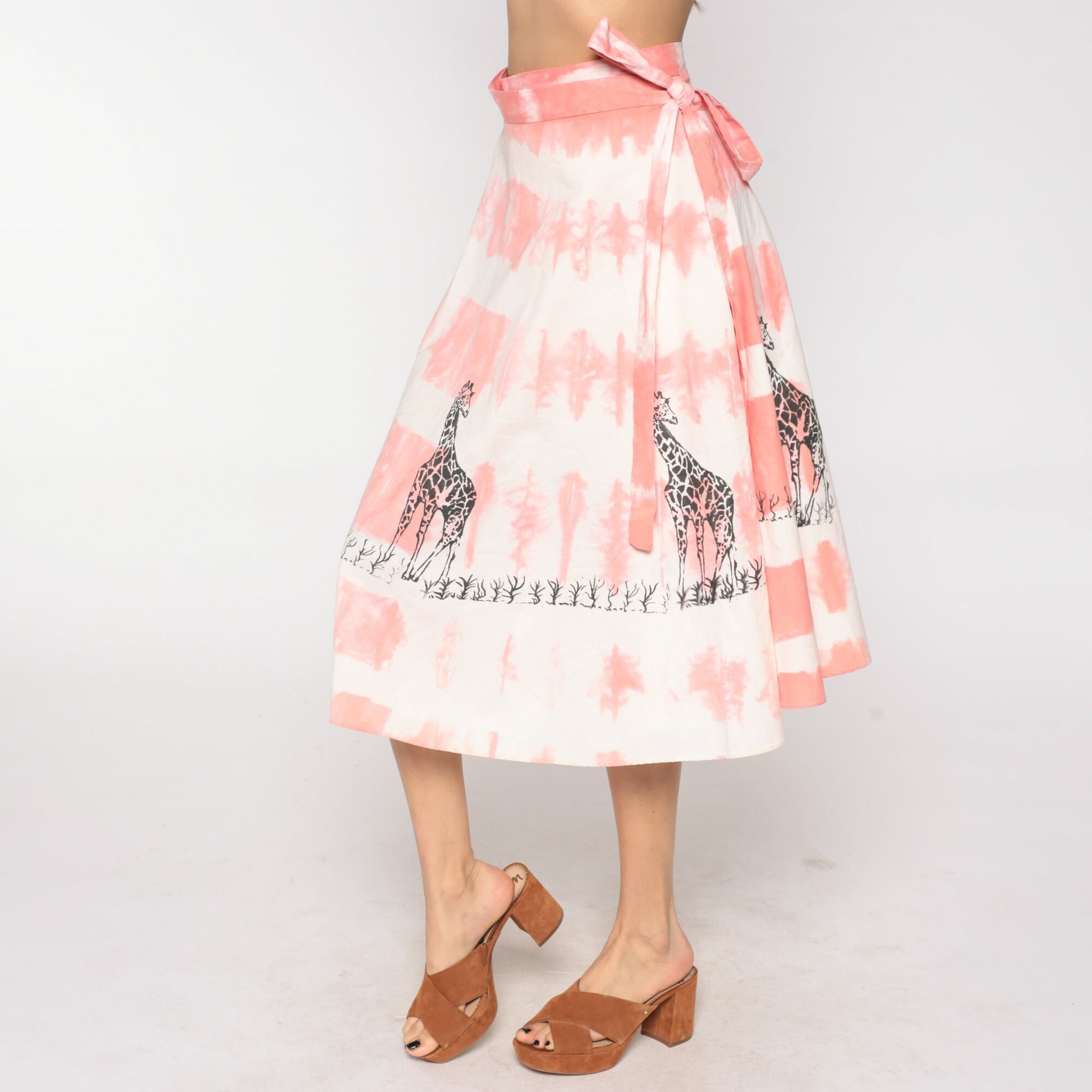 70s Tie Dye Giraffe Print Wrap Skirt Midi Pink High Waisted Small