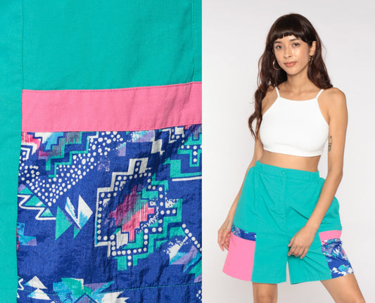 80s Colour Block Turquoise High-Waisted Shorts Pink Large L