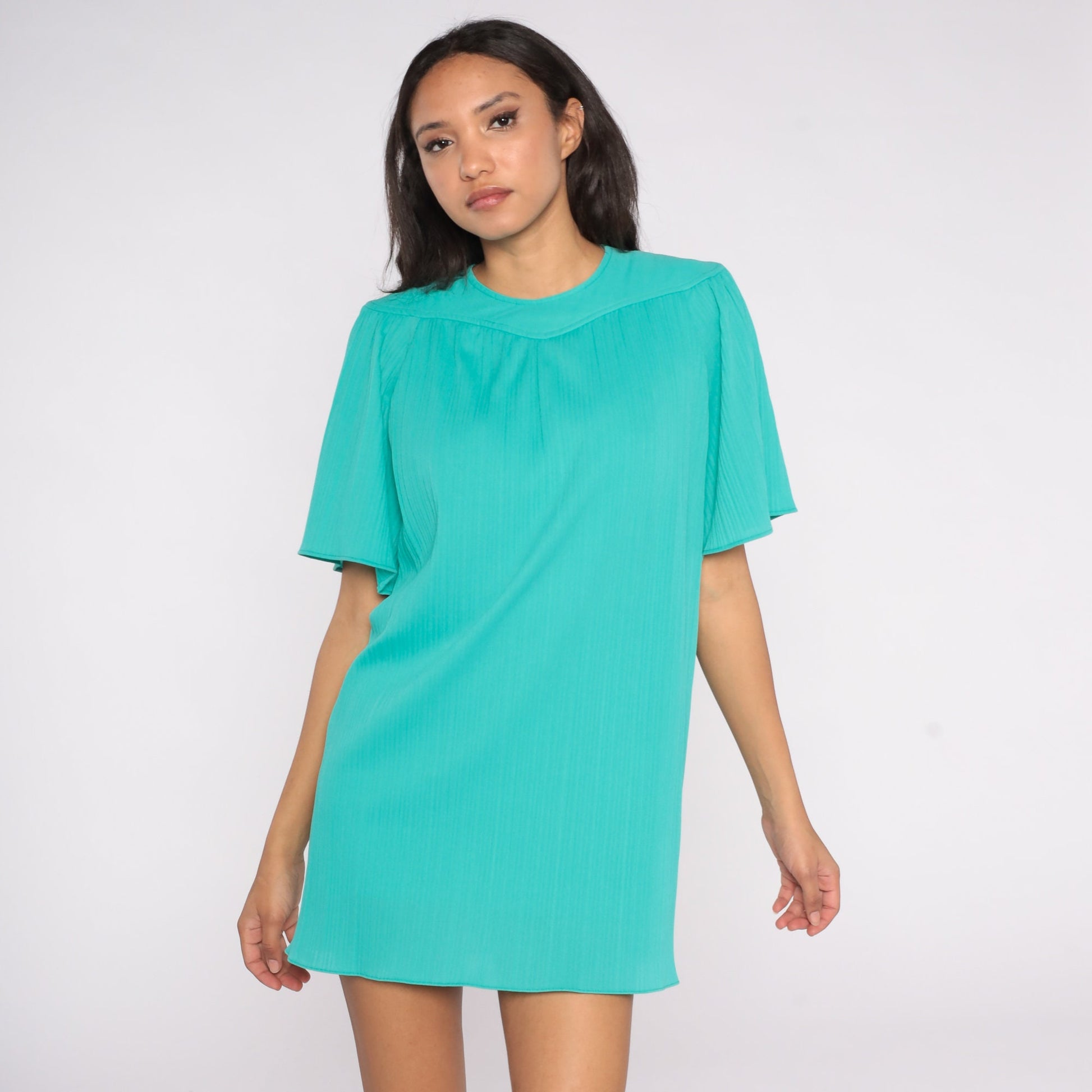 70s Teal Tent Mini Dress Pleated Flutter Sleeve Keyhole Back Large L
