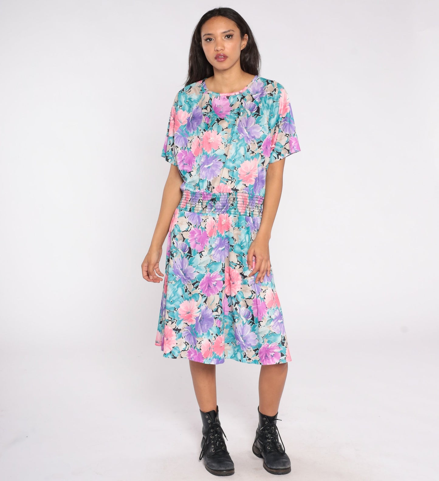 80s Floral Midi Dress Elastic Waist Short Sleeve Blouson Large L