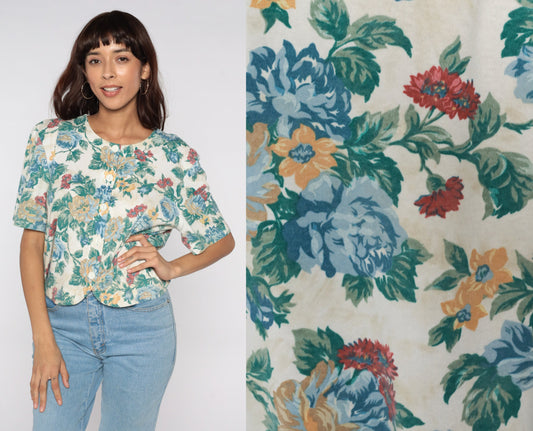 80s Floral Button-Up Blouse Short Sleeve Off-White Green Vintage Shirt Medium