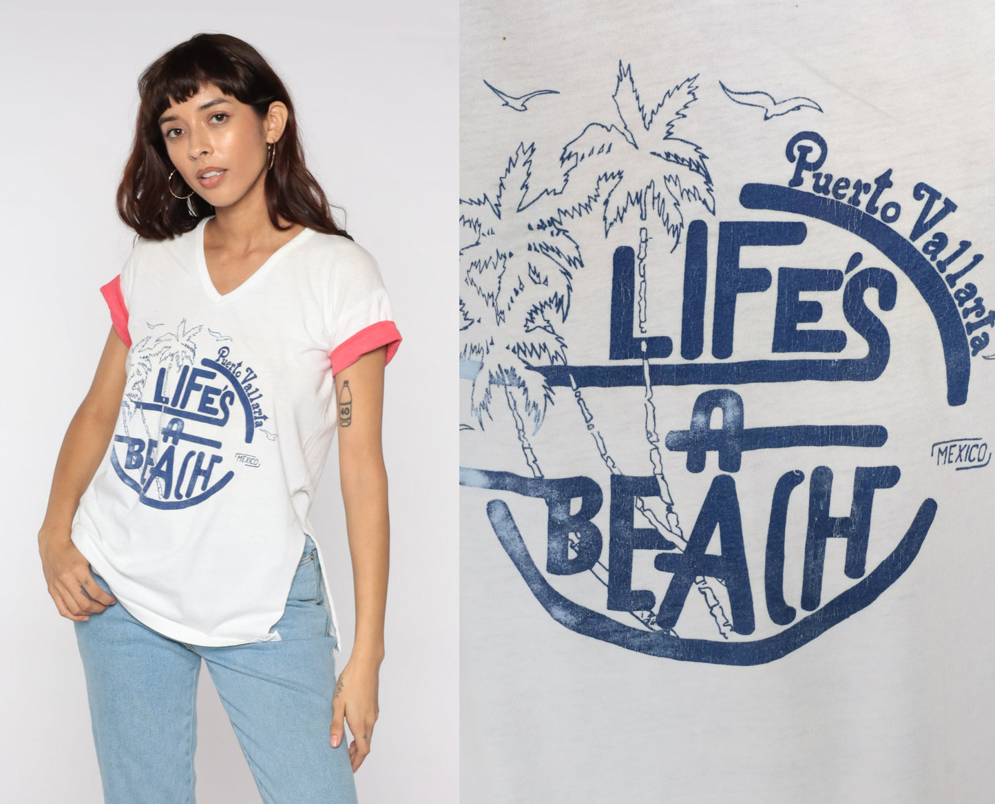 80s Puerto Vallarta Mexico Graphic T-Shirt Life's A Beach Palm Tree Medium