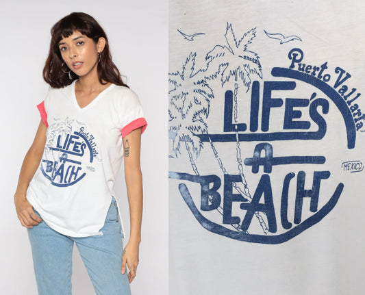 80s Puerto Vallarta Mexico Graphic T-Shirt Life's A Beach Palm Tree Medium