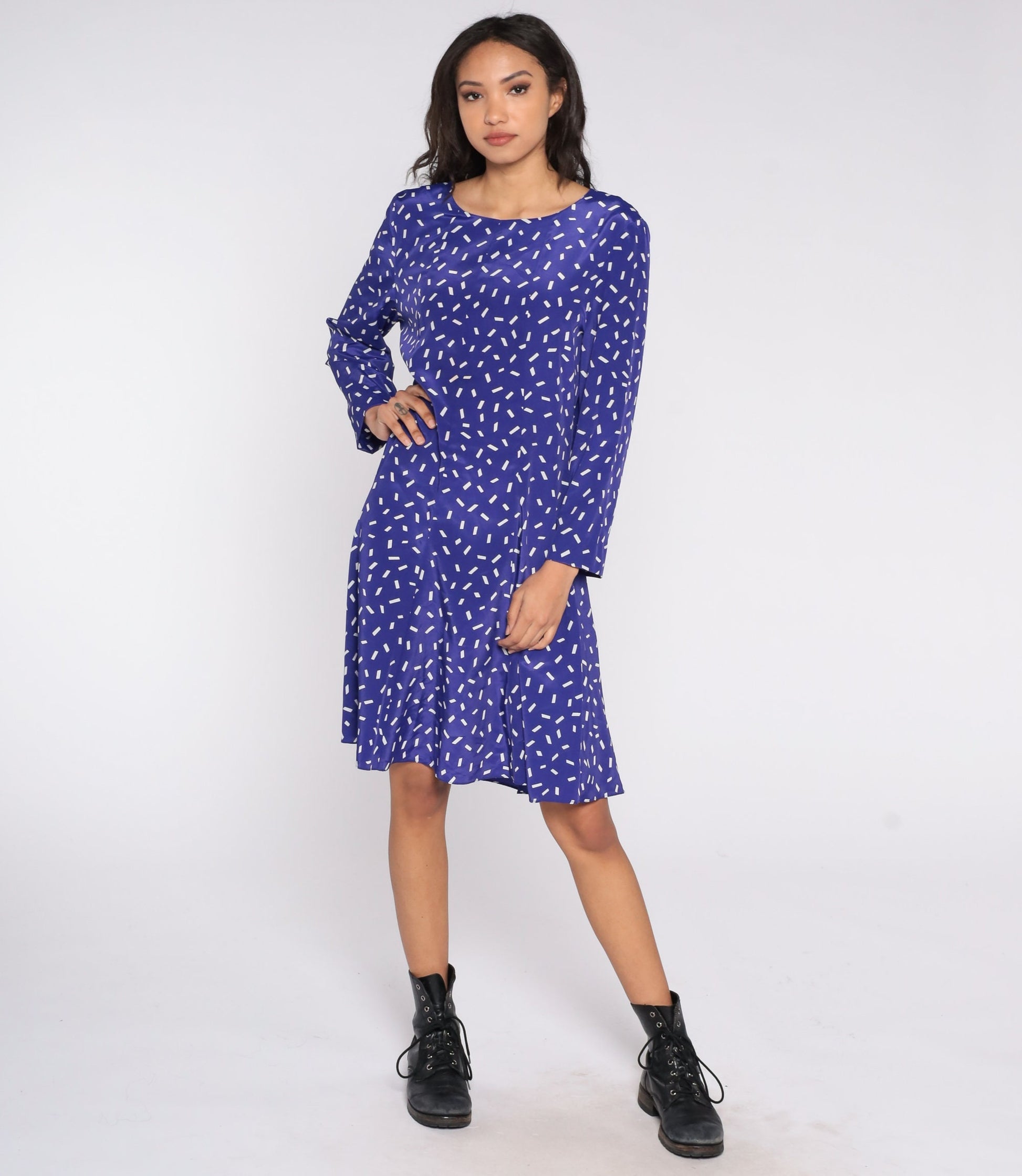 80s Purple White Confetti Print A-Line Dress Long Sleeve Knee Length Large