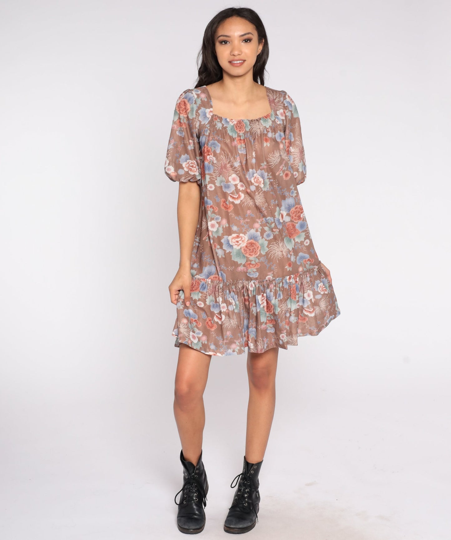 70s Floral Tent Dress Knee Length Ruffle Peasant Sleeve Small Medium