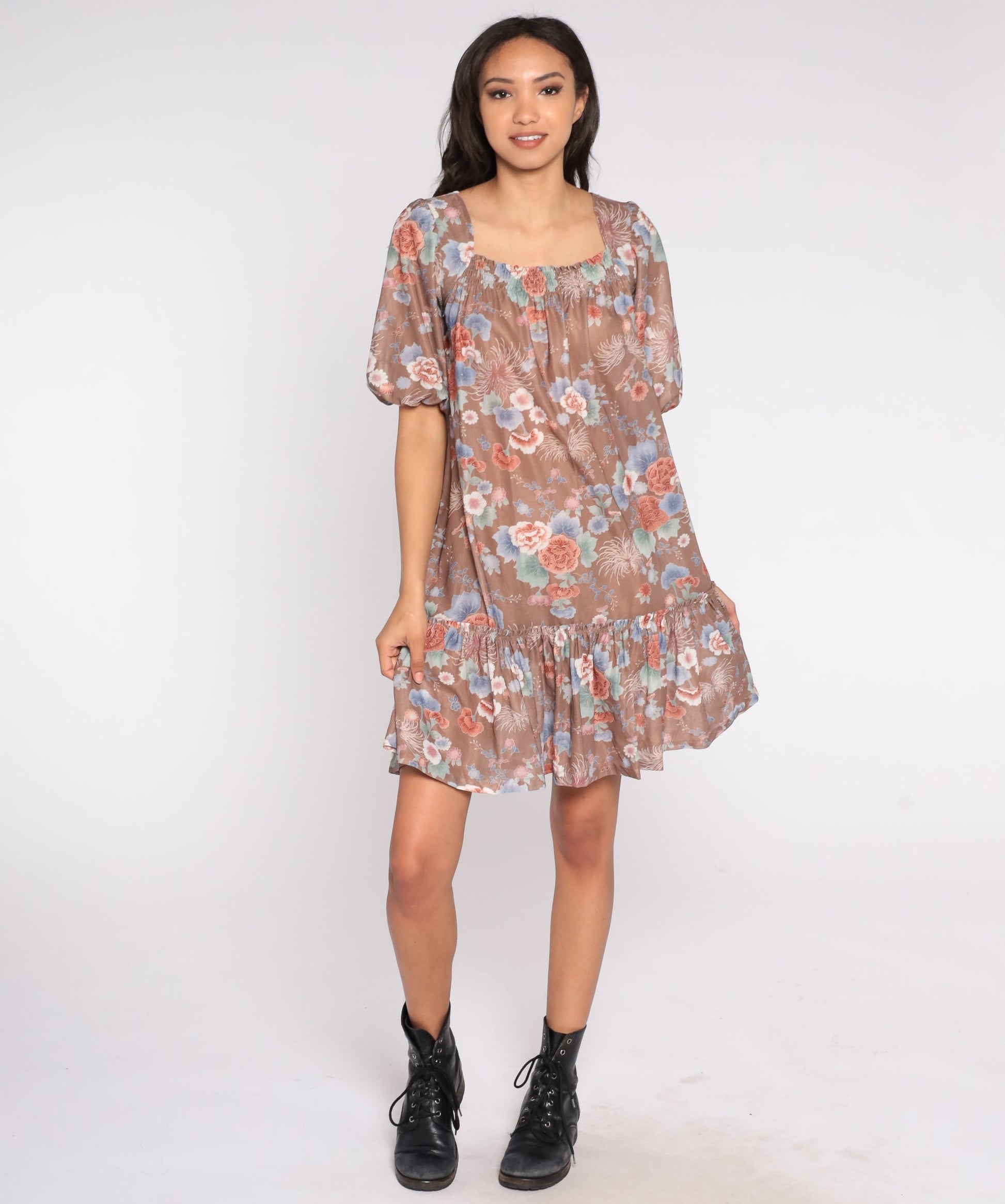 70s Floral Tent Dress Knee Length Ruffle Peasant Sleeve Small Medium