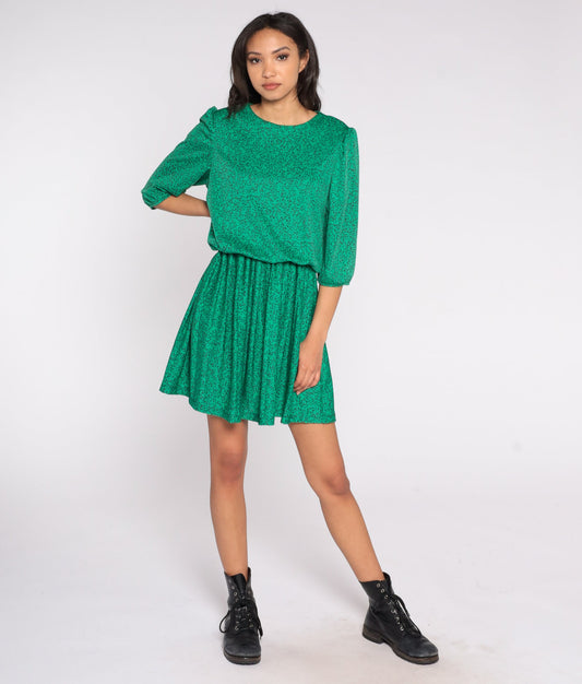 80s Green Vine Print Mini Dress Puff Sleeve High Waist Blouson Medium