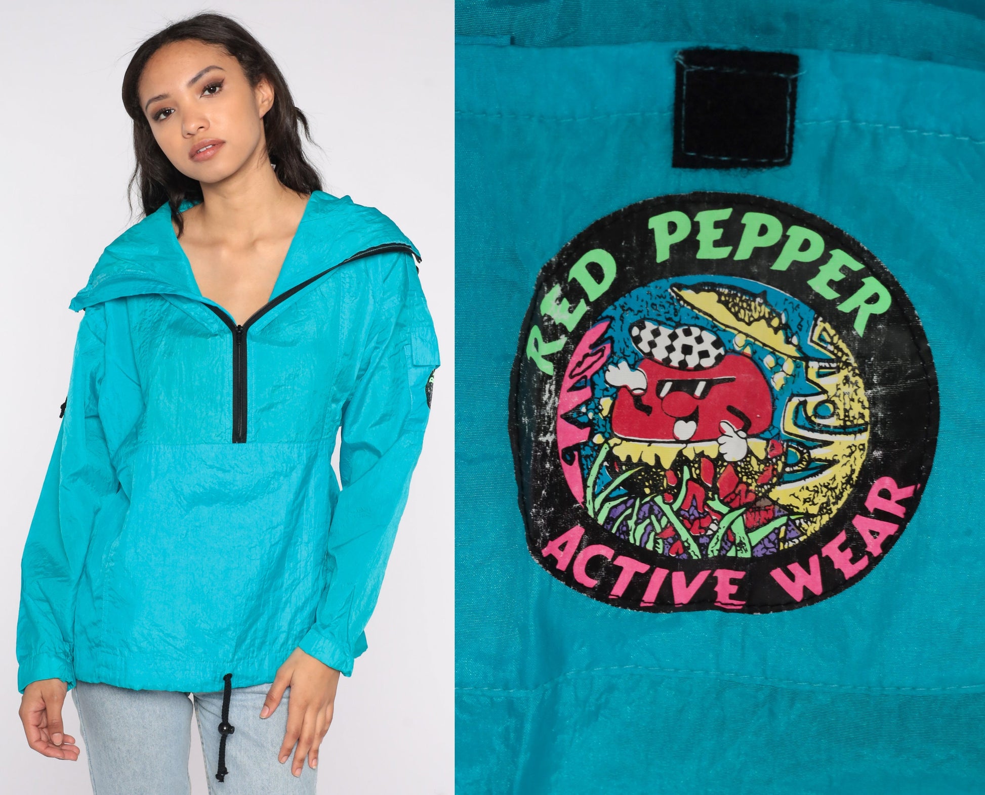 90s Turquoise Shiny Windbreaker Jacket Quarter Zip Hood Red Pepper Medium M