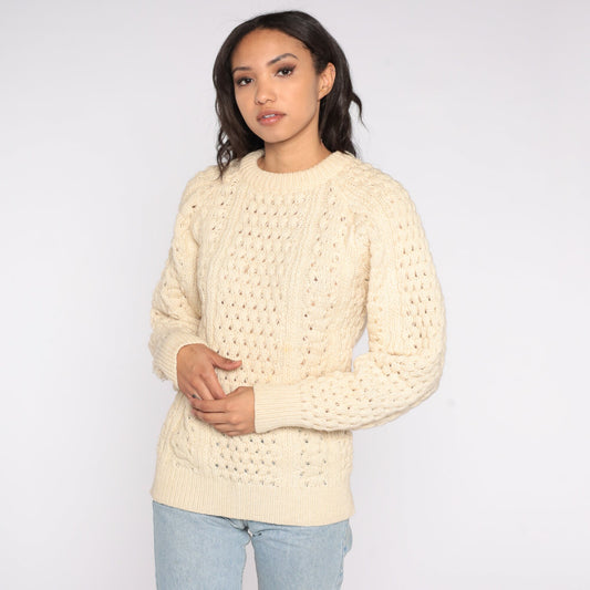 80s Cream Wool Cable Knit Raglan Sweater Fisherman Pullover Medium