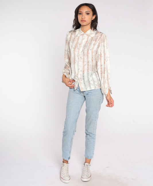 80s Striped Paisley Button Up Shirt Cream Tan Long Sleeve Collared Blouse Small