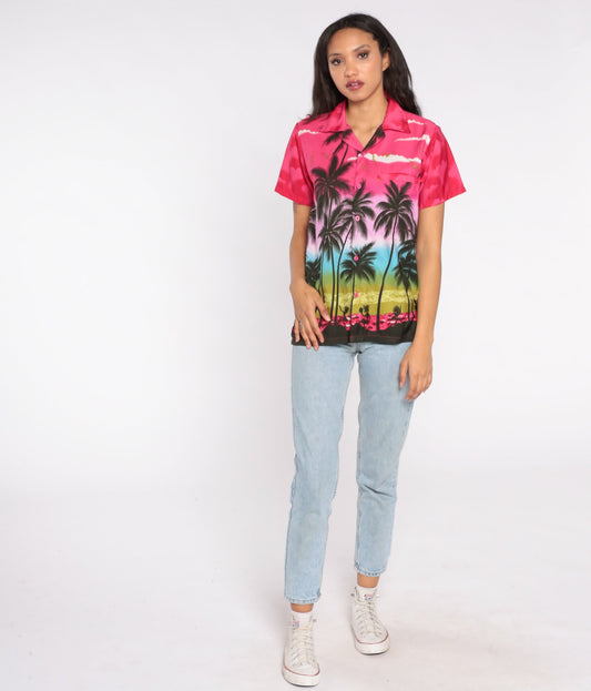 80s Hawaiian Tropical Button Up Shirt Palm Tree Sunset Print Pink Blue Small