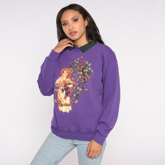 80s Cherub Fruit Oil Painting Collared Sweatshirt Purple Graphic Large L