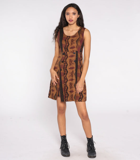 90s Brown Cow Petroglyph Print Mini Dress Tank Straps Zipper Medium