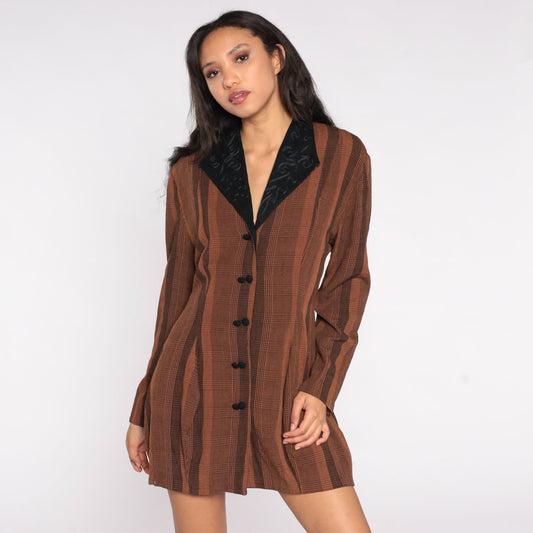 80s Brown Striped Blazer Black Soutache Collar Double-Breasted Jacket Medium Large