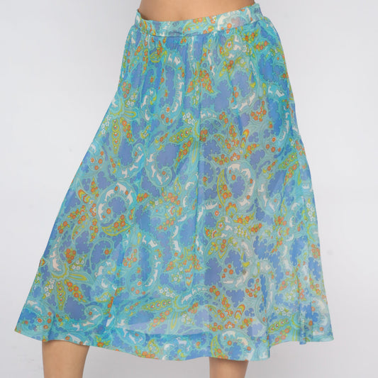 70s Psychedelic Floral Animal Print Midi Skirt Blue Extra Large XXL