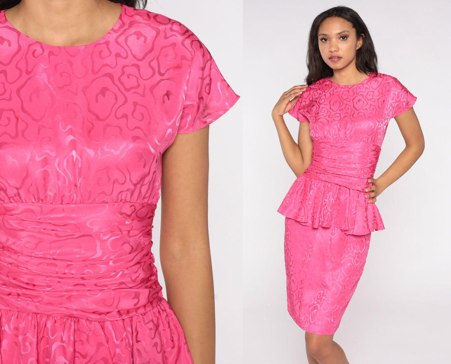 80s Pink Abstract Peplum Dress Cap Sleeve Pencil Wiggle Knee-Length Small