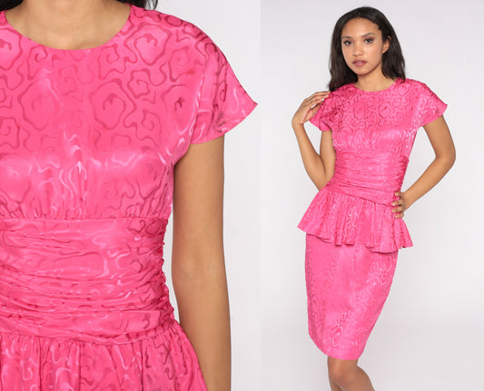 80s Pink Abstract Peplum Dress Cap Sleeve Pencil Wiggle Knee-Length Small