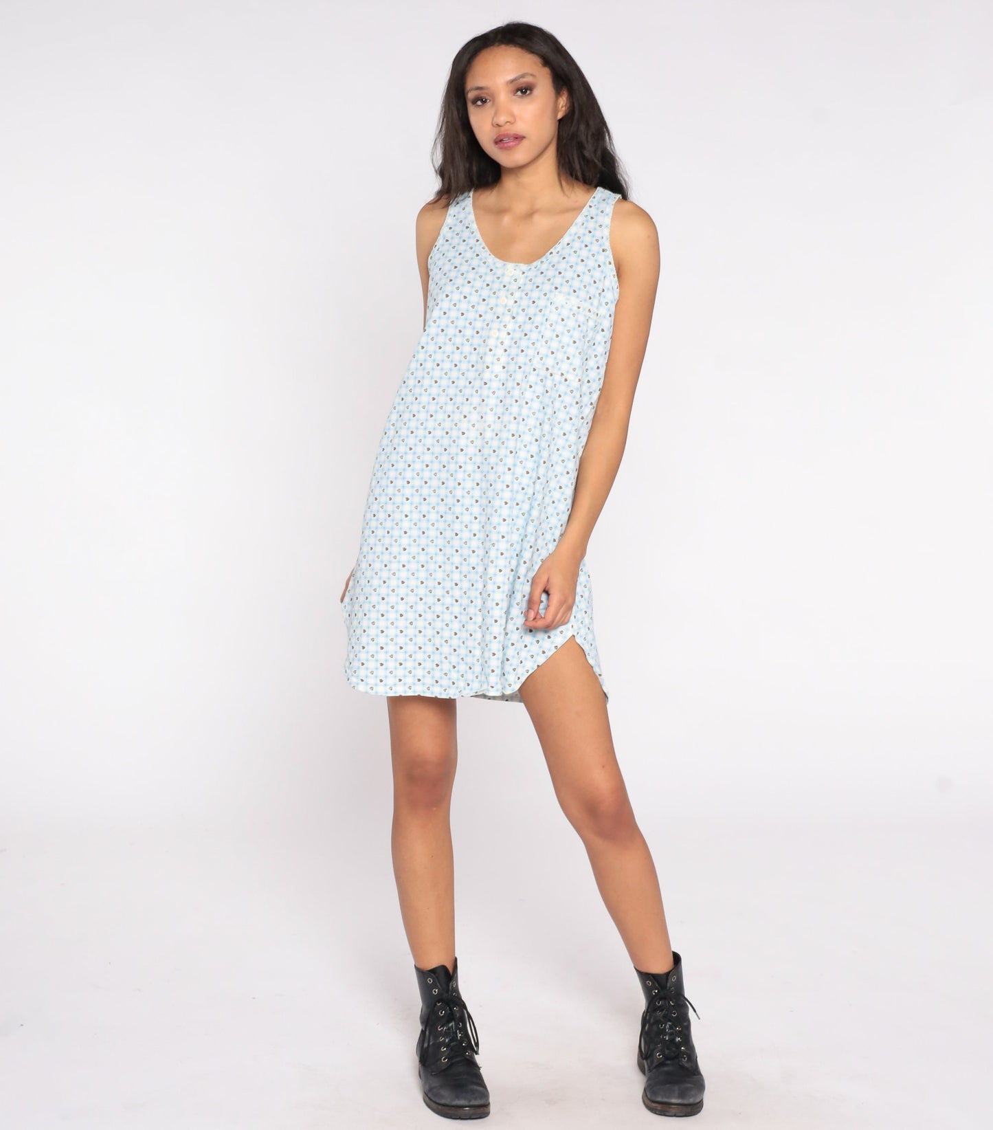90s Checkered Heart Print Nightgown Blue White Plaid Sleeveless Button-Up Large