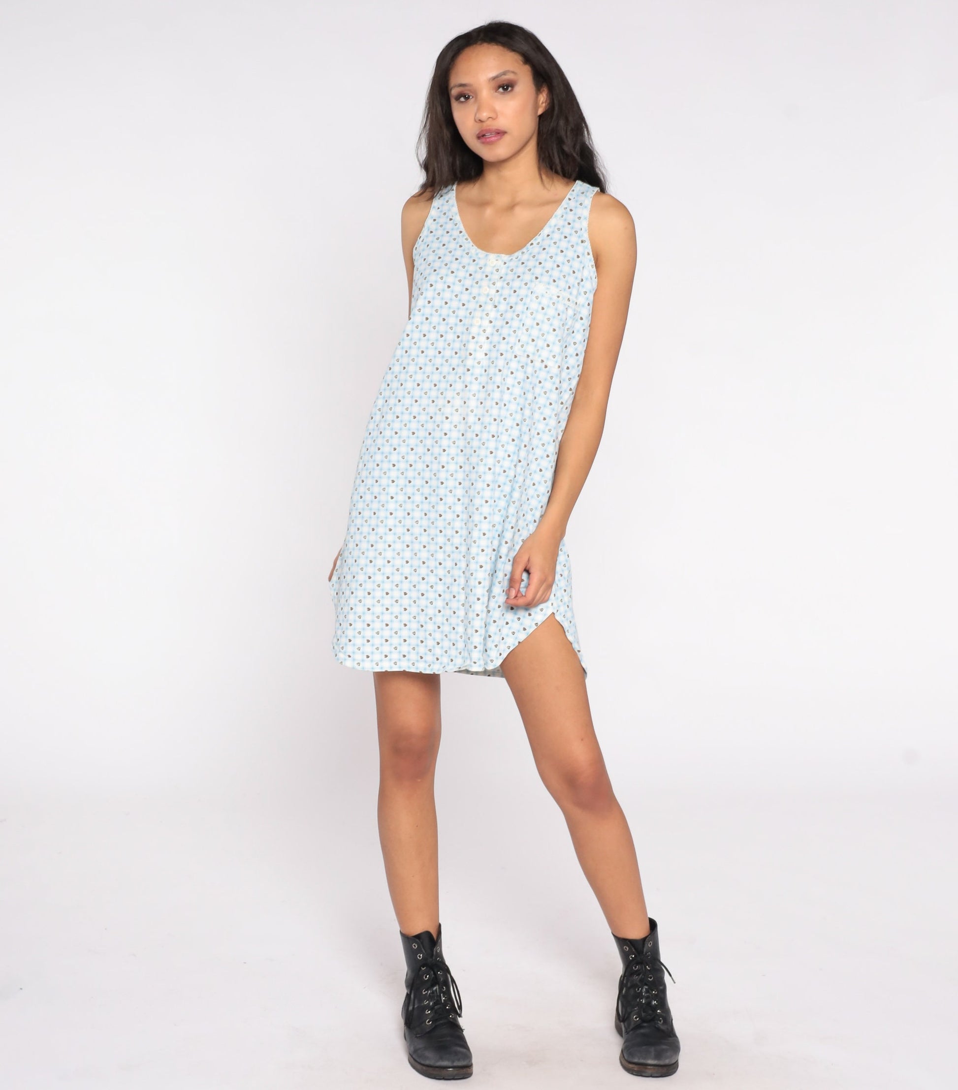 90s Checkered Heart Print Nightgown Blue White Plaid Sleeveless Button-Up Large