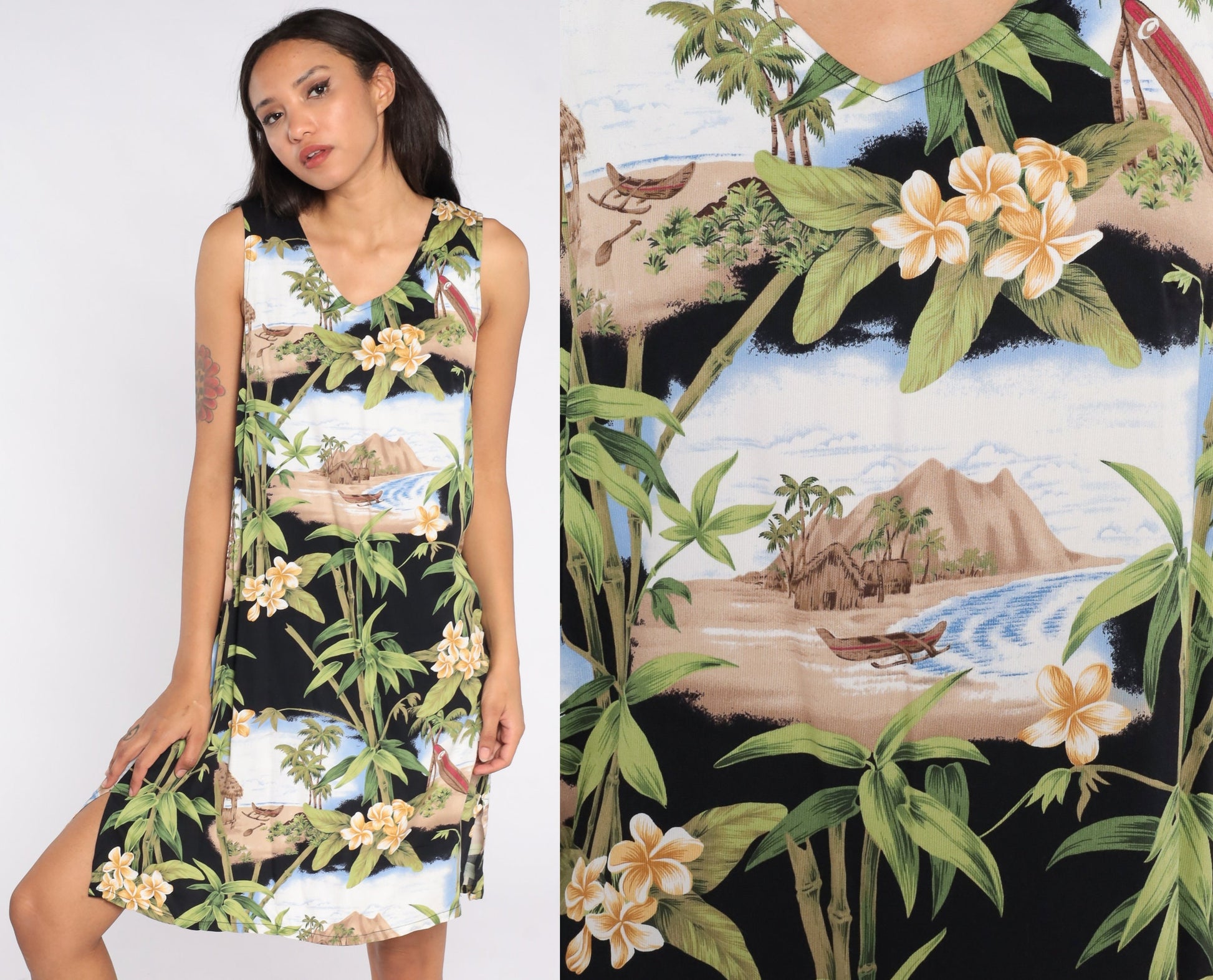 Y2K Black Hawaiian Print Mini Dress Sleeveless Shift Sundress Medium