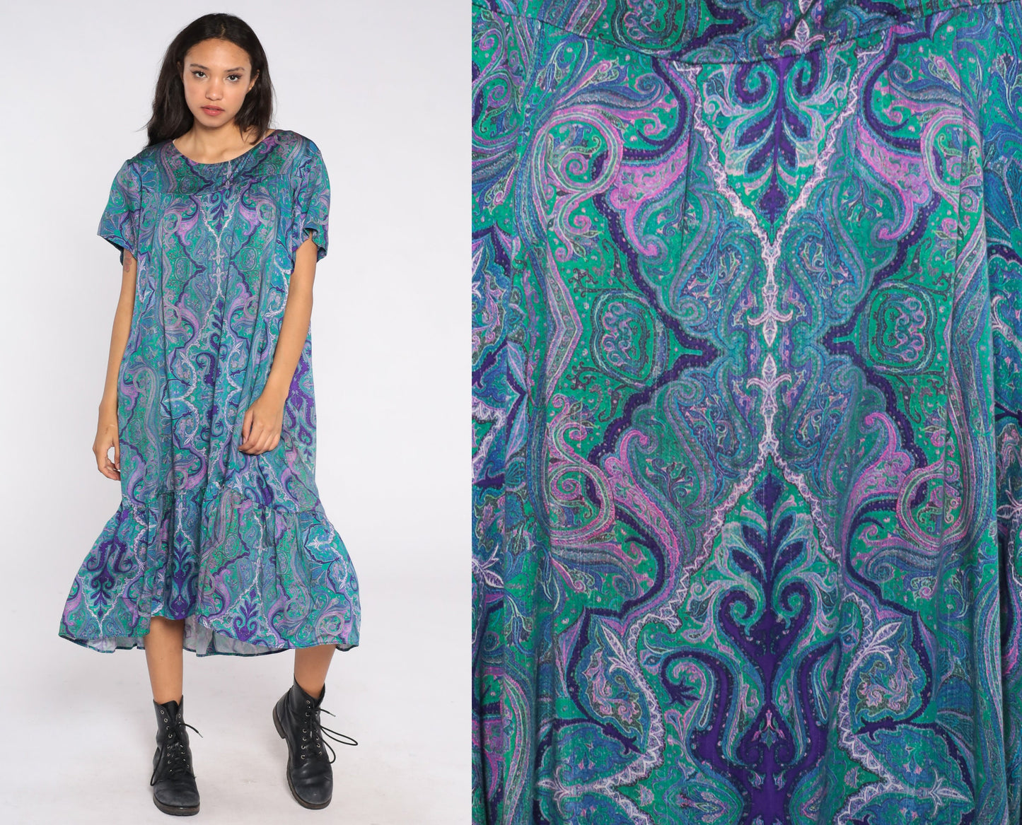 80s Psychedelic Tent Dress Midi Blue Print Short Sleeve Plus Size XXL