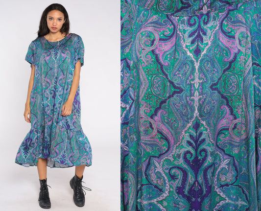 80s Psychedelic Tent Dress Midi Blue Print Short Sleeve Plus Size XXL