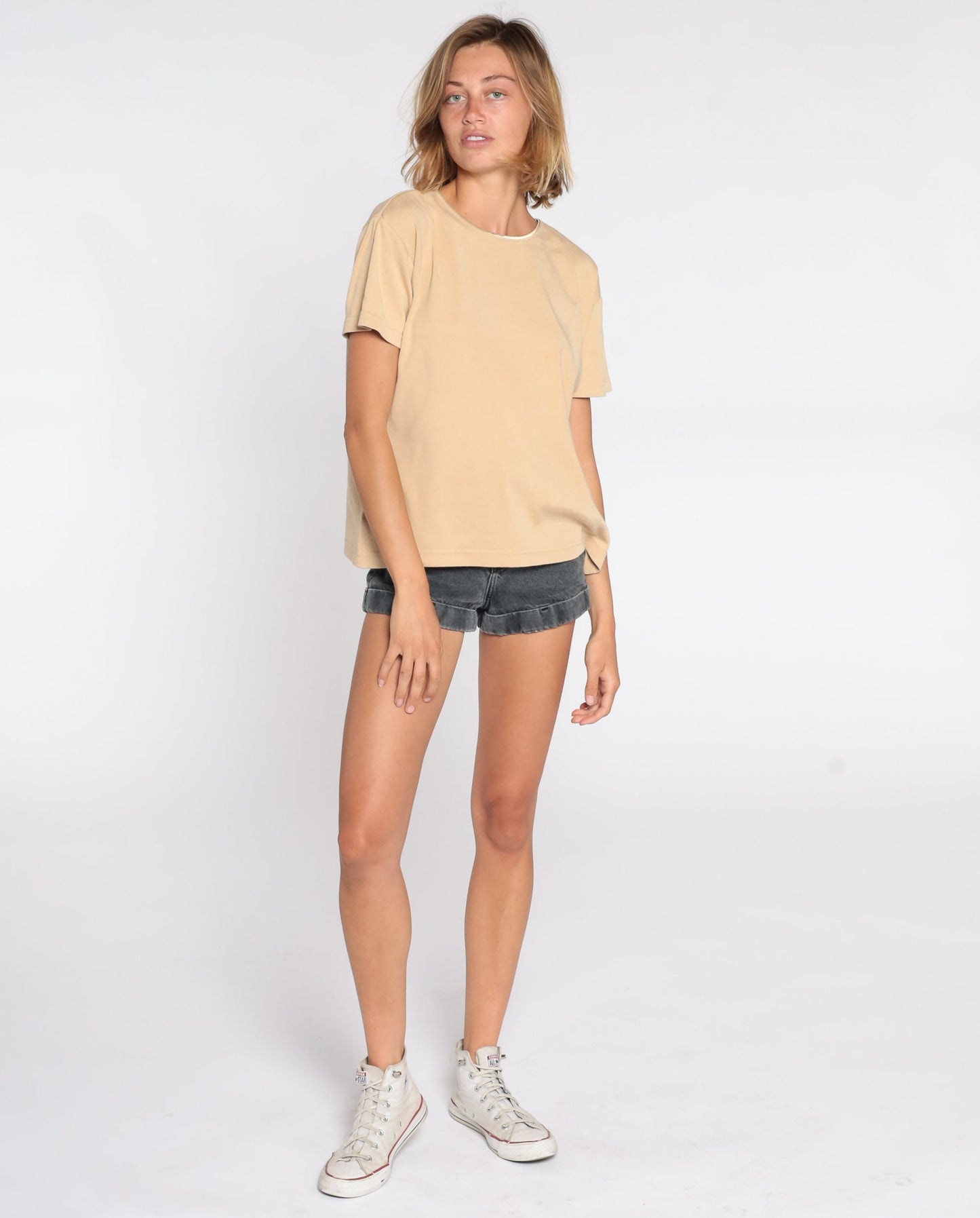 90s Tan T-Shirt Metallic Gold Trim Rib Knit Short Sleeve Medium
