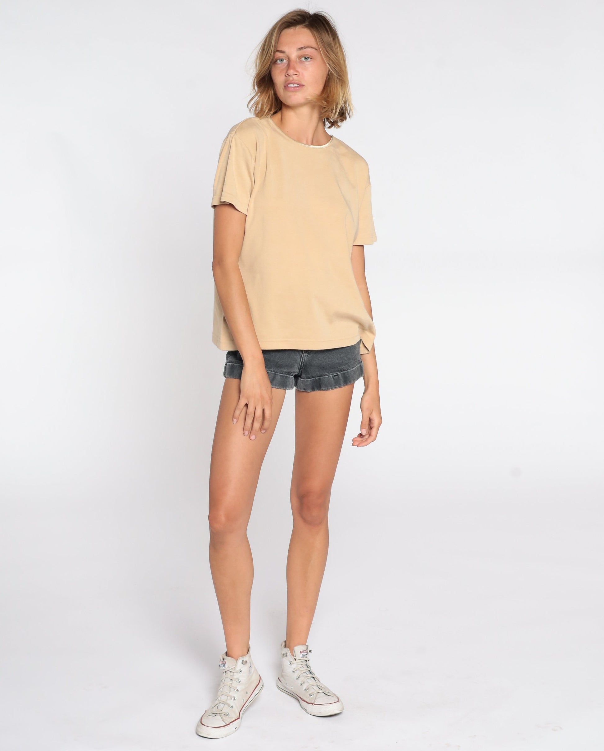 90s Tan T-Shirt Metallic Gold Trim Rib Knit Short Sleeve Medium