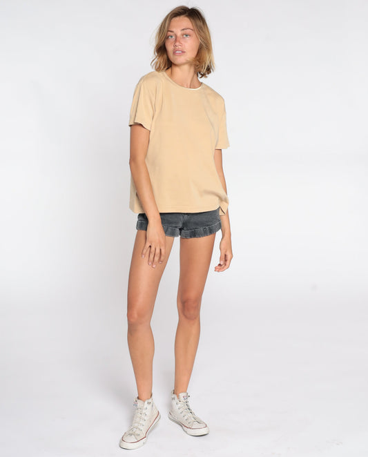 90s Tan T-Shirt Metallic Gold Trim Rib Knit Short Sleeve Medium