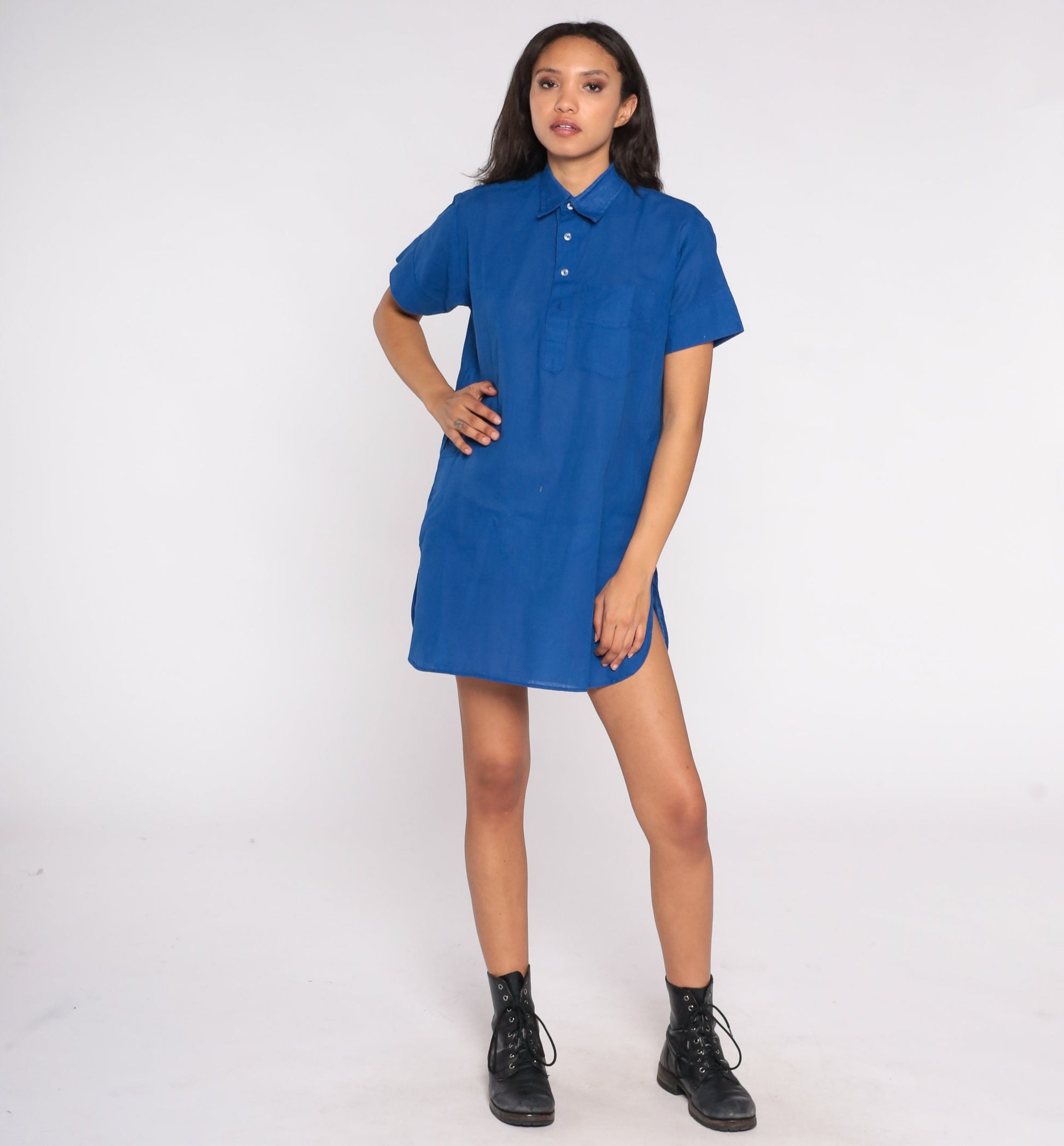 80s Blue Polo Shirt Dress Collared Button-Up Mini Side Slits Medium