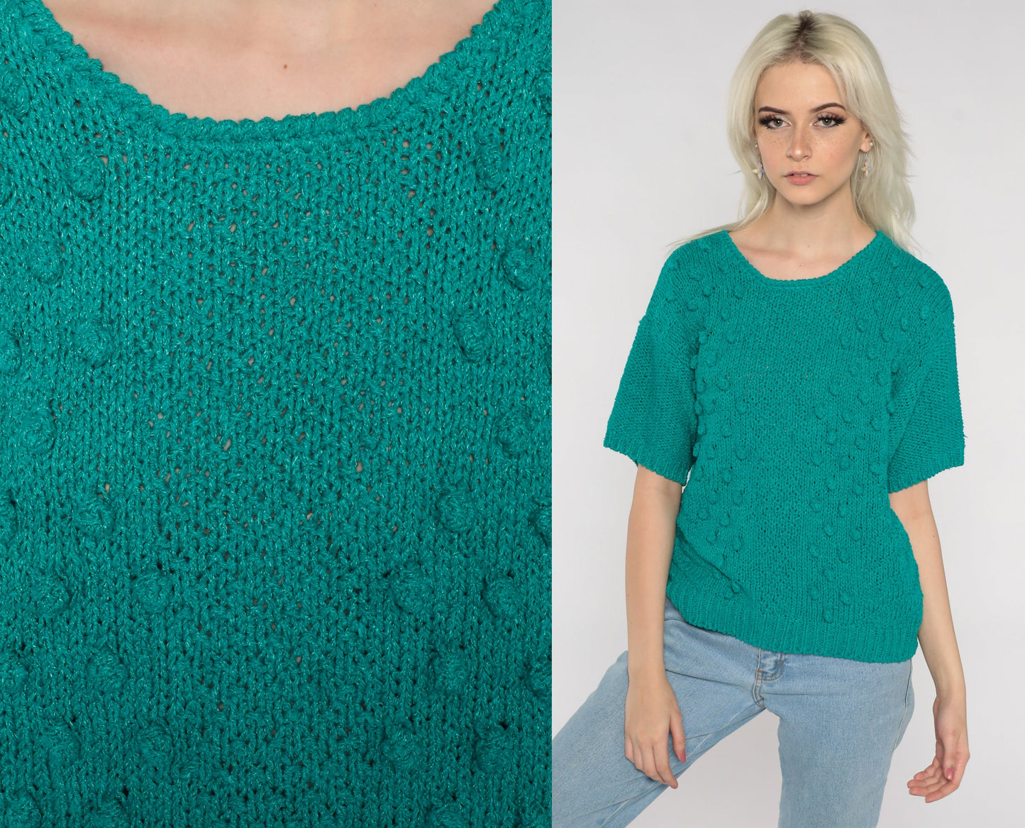 80s Green Nubby Knit Short Sleeve Pullover Silk Rayon Top Medium M