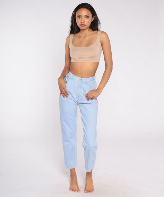 80s Lee Pleated High-Waist Tapered Jeans Light Wash Denim Extra Small XS