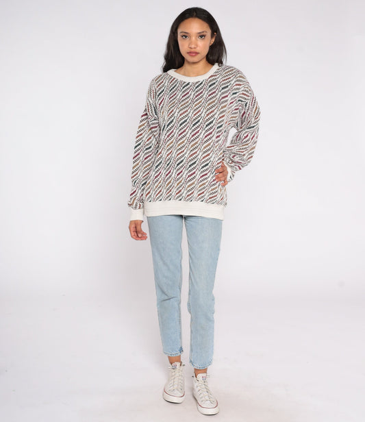 Geometric Print Knit Sweater White Cotton Pullover Extra Small XS