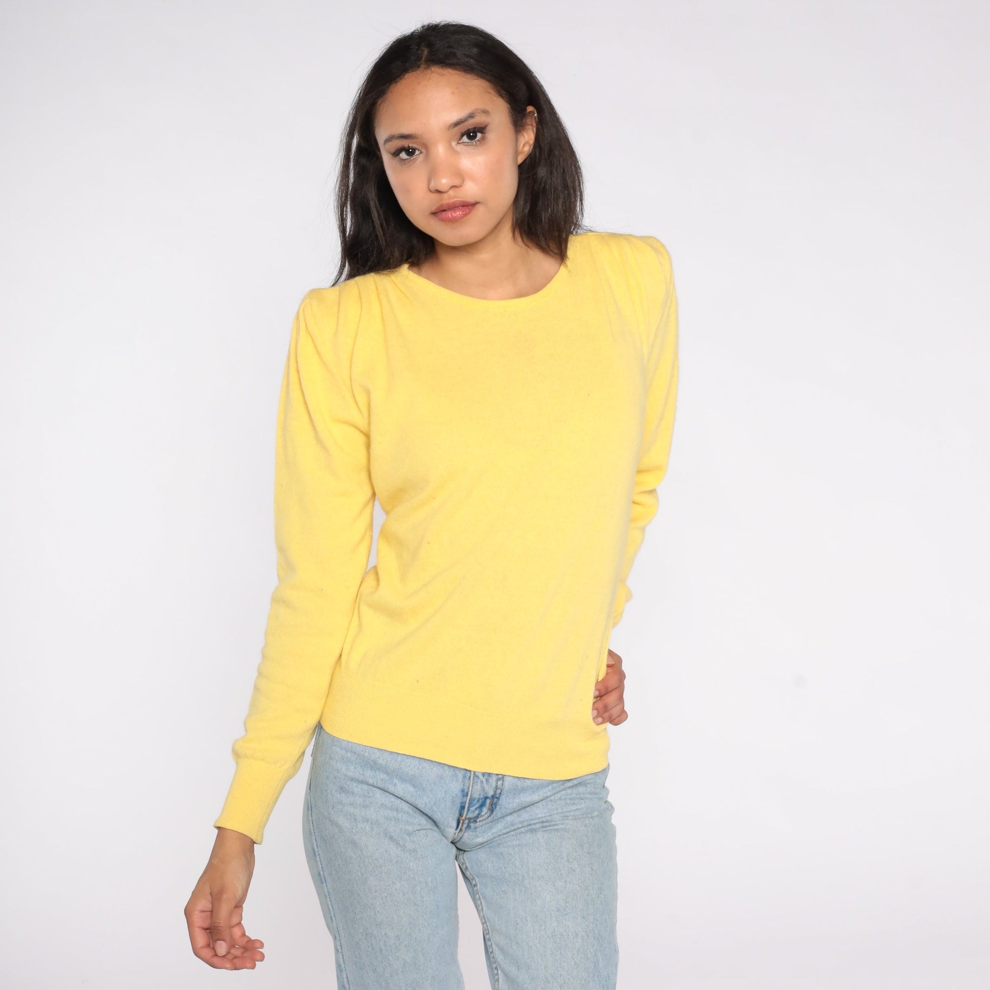 80s Benetton Yellow Cashmere Puff Sleeve Sweater Crewneck Medium