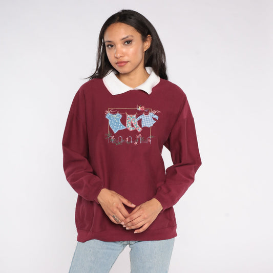 90s Laundry Graphic Collared Sweatshirt Burgundy Large L