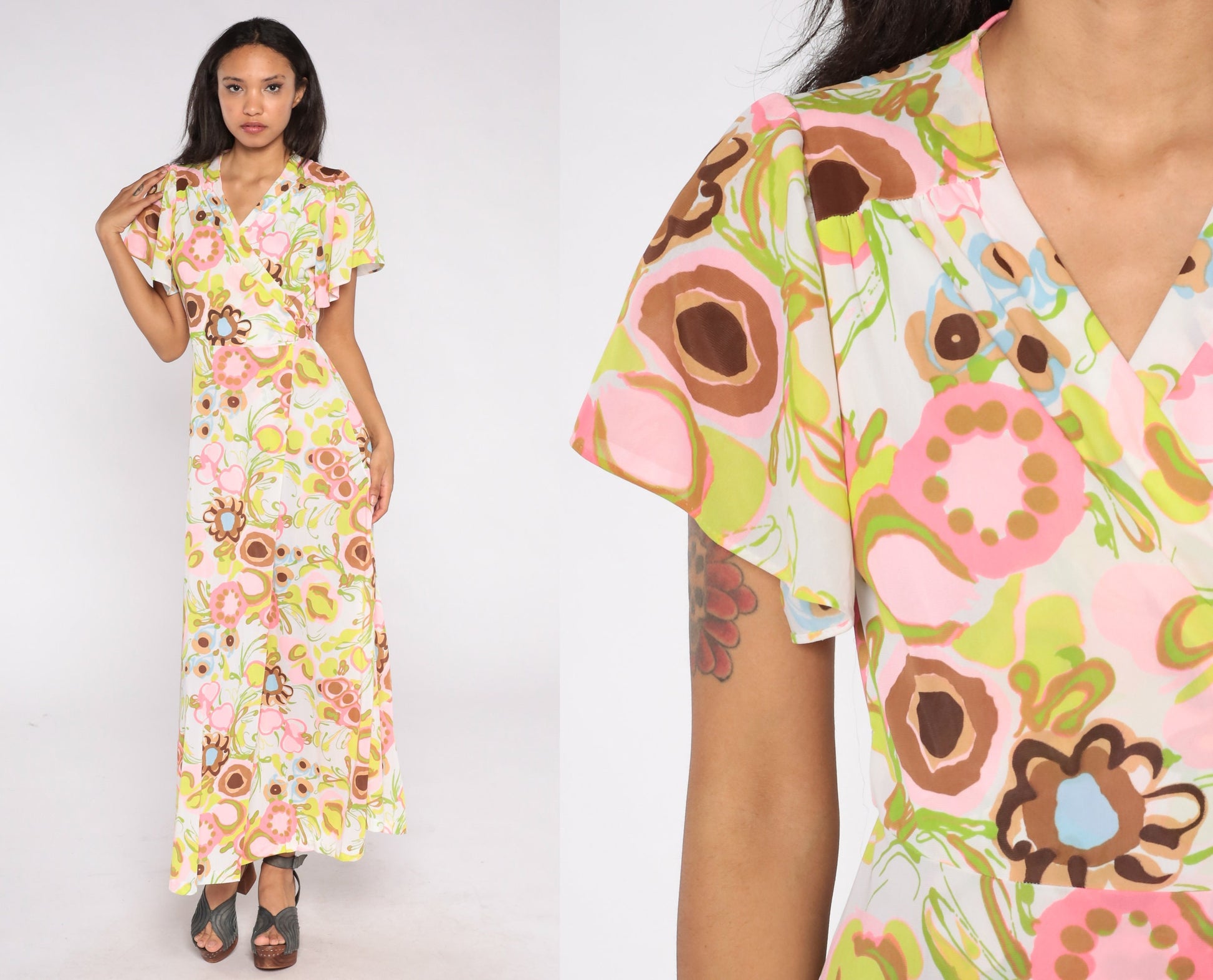 70s Floral Wrap Maxi Dress White Abstract Print High Waist Flutter Sleeve Small