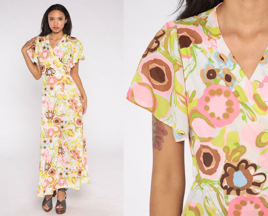 70s Floral Wrap Maxi Dress White Abstract Print High Waist Flutter Sleeve Small